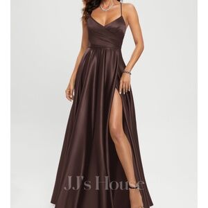 A-line V-Neck Floor-Length Satin Prom Dresses